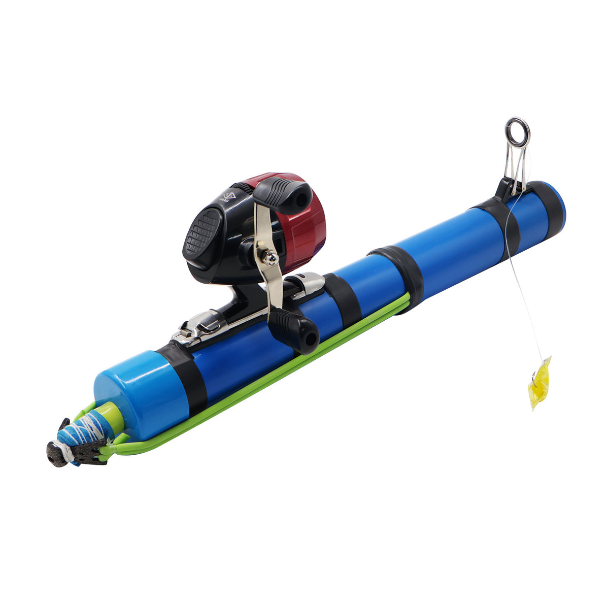 Micro Caster telescopic fishing rod collapsed, with spincast reel mounted and line threaded to a lure