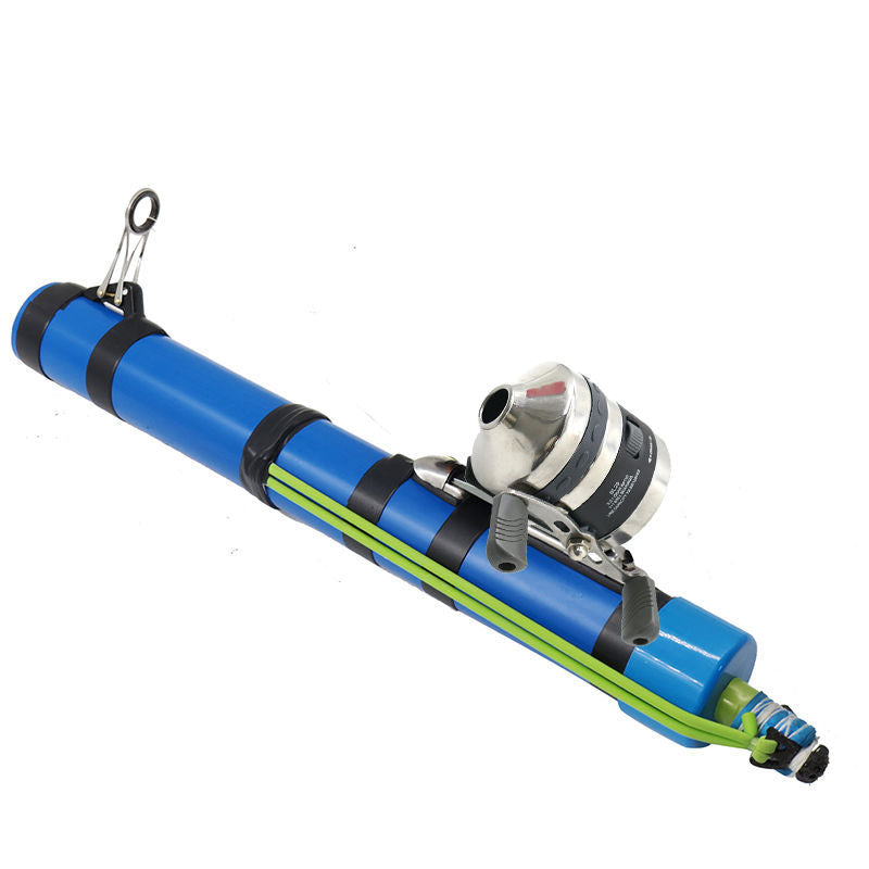 Close view of the Micro Caster push-button spincast reel and blue telescopic rod sections