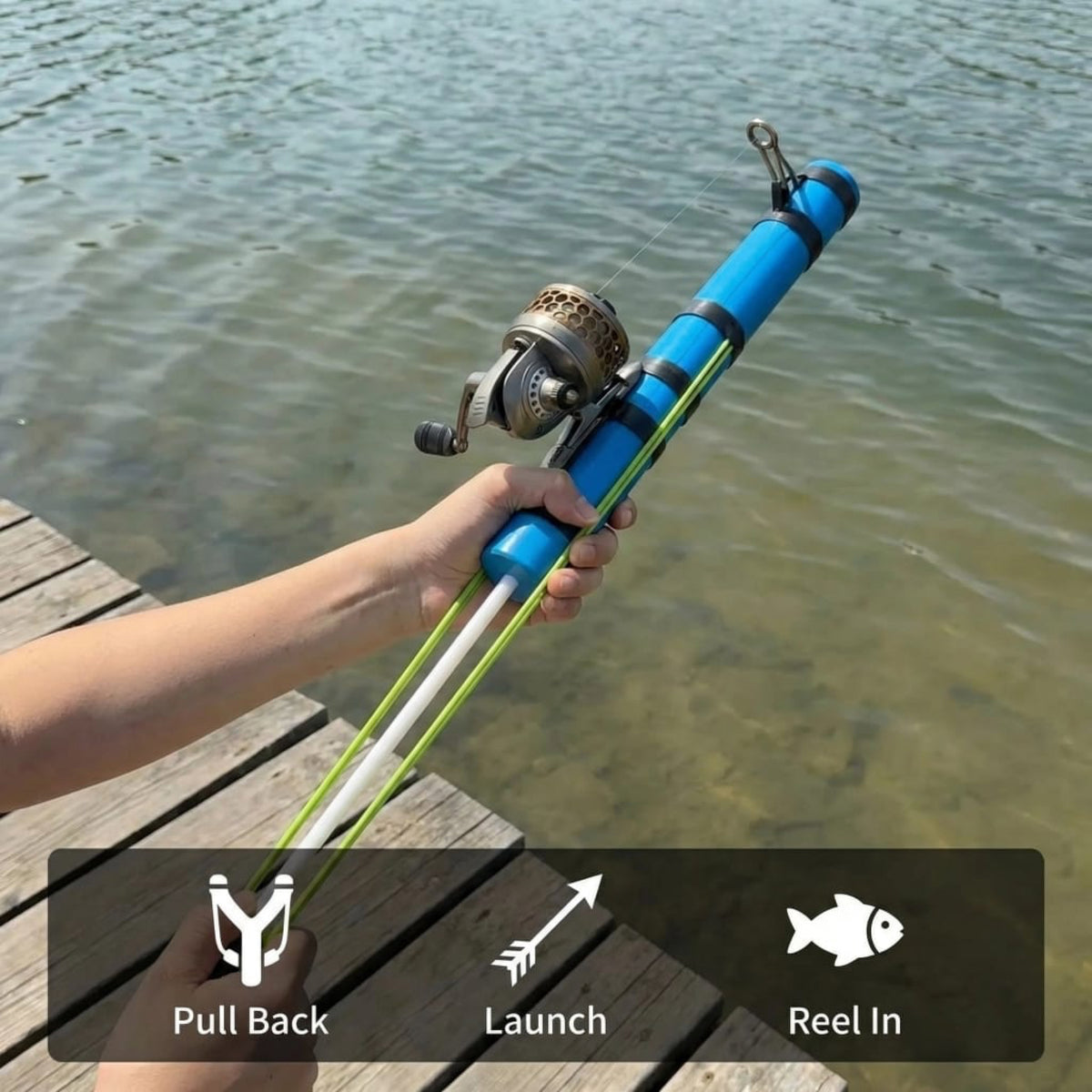Catapult fishing rod mechanism in use